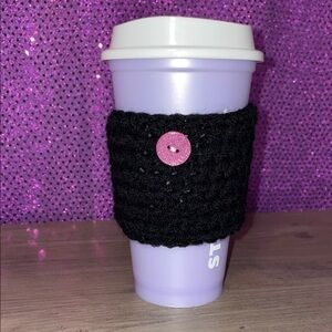 Chic Black Cup Cozy with Pink Sparkle Button Accent